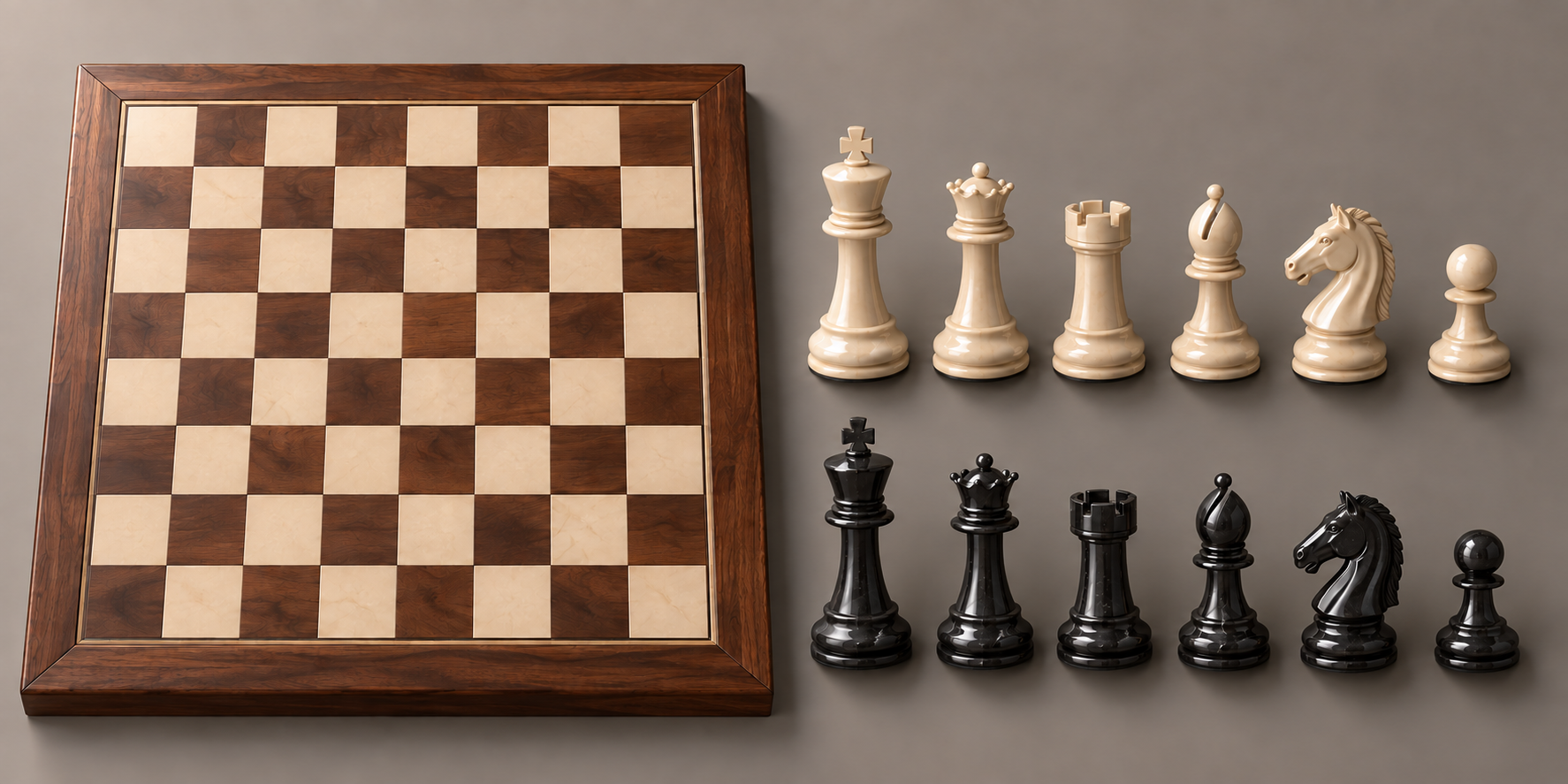 Three-dimensional chess asset sheet showing a walnut chessboard and twelve ivory and obsidian chess piece types.